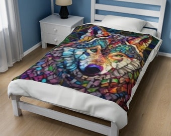 Wolf print dekens glas-in-lood stijl slaapkamer deco cabine lodge beddengoed slaapkamer kunst dierenprint Vader Dat cadeau mannen tiener jongens bankgooien