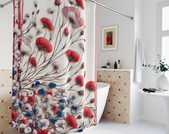 Red White Blue Floral Shower Curtain: 4th of July Decor, Linen Polyester 71'x74'