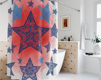 Red White Blue Shower Curtain:4TH of July Decor, Stars,Polyester Linen, Waterproof 71'x74'
