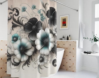 Floral Shower Curtain: Black, White & Green Polyester Fabric