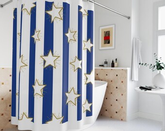 Blue/White Striped Shower Curtain: 4th of July Decor, Celestial Design, Linen Polyester 71'x74'