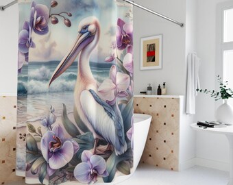 Pelican Beach Shower Curtain: Floral Island Decor, Waterproof Polyester