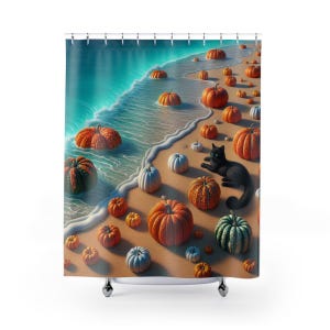 May include: A black cat sits on a beach with a variety of pumpkins scattered around it. The pumpkins are in various shades of orange, yellow, and green. The beach is sandy and the water is blue.