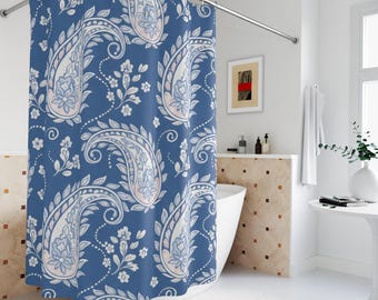 Patina Blue Paisley Shower Curtain: Farmhouse Decor, Spring Cottagecore, Linen Polyester 71'x74'