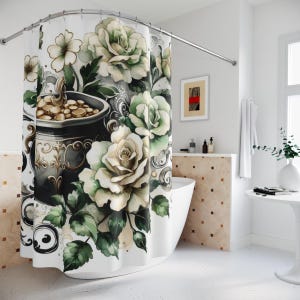 St. Patrick's Day Shower Curtain: Pot o' Gold & Green Flowers, Linen Polyester 71'x74'