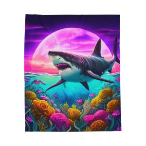 May include: A large white shark swims through a vibrant underwater scene with pink, yellow, and blue coral. A large pink moon shines in the background.