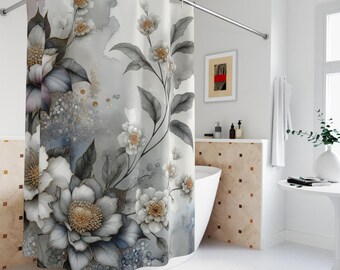 Moody Floral Shower Curtain: Elegant Bath Decor, Spring Cottagecore, Linen Polyester 71'x74'