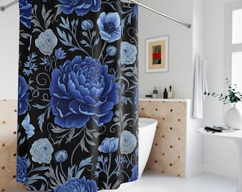 Moody Floral Shower Curtain: Blue Bath Decor, Spring Cottagecore, Linen Polyester 71'x74'