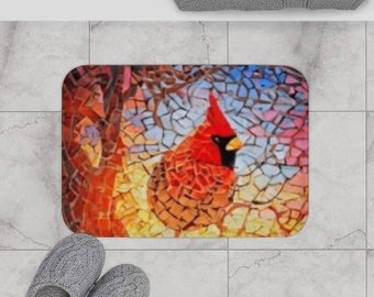 bath mats rugs cardinal print stained glass style Boho bathroom rug home & living Mother day gift women cabin cottage deco bird nature lover