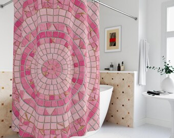 Pink Mosaic Tile Shower Curtain:Elegant Bath Decor,Island Luxe Decor,Polyester Linen 71'x74'