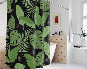Tropical Shower Curtain: Island Luxe Decor, Black/Green Botanicals, Linen Polyester 71'x74'