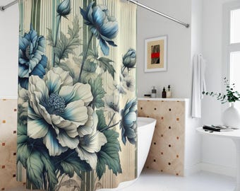 Floral Shower Curtain: Green Stripes, Blue & White Flowers - Polyester