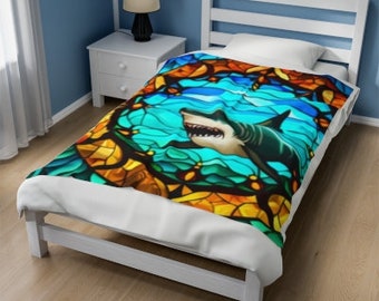 manta con estampado de tiburones estilo vidriera ropa de cama sofá tirar océano impresión dormitorio arte Día del Padre regalo adolescente chico lago casa deco hogar y vida