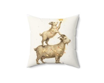 Farmhouse Christmas pillow- Holiday throw pillow- square polyester goat cushion (14'x14')