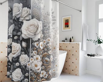 Moody  Floral Shower Curtain: Gray Bath Decor, Linen Polyester 71'x74'