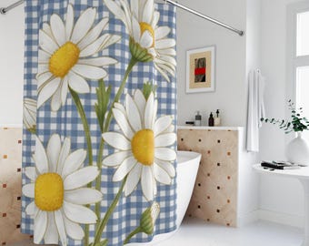 BOHO Shower Curtain: Spring Cottagecore, Blue Gingham, Farmhouse Bath Decor, Linen Polyester 71'x74'