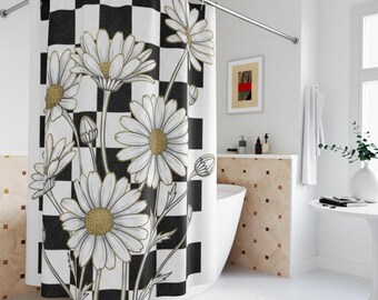 BOHO Shower Curtain: Spring Cottagecore, Black/White Gingham, Farmhouse Bath Decor, Linen Polyester 71'x74'