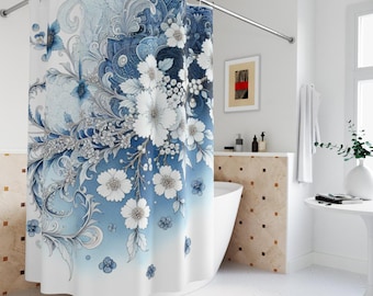 Patina Blue Floral Shower Curtain: Spring Cottagecore,Linen Polyester 71'x74'