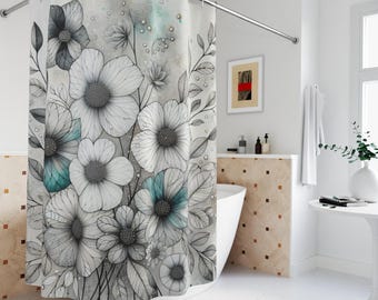 Moody Floral Shower Curtain: Spring Cottagecore, Minimalist Decor, Linen Polyester 71'x74'