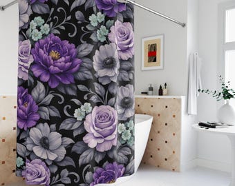 Moody Floral Shower Curtain: Spring Cottagecore, Purple Bath Decor, Linen Polyester 71'x74'