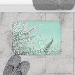 green floral bath mat 17&#39; L x 24&#39; W green gray colors microfiber anti-slip backing high quality print