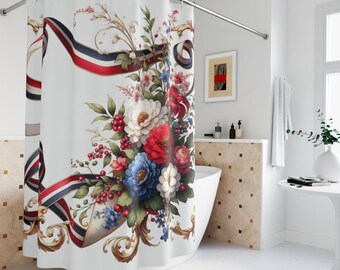 Floral 4th of July Shower Curtain: Patriotic Red, White & Blue