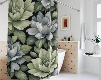 Moody Floral Shower Curtain: Spring Cottagecore, Sage Green Decor, Linen Polyester 71'x74'