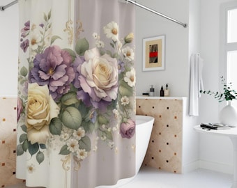 Victorian Floral Shower Curtain:Elegant Bath Decor,Spring Cottagecore,Polyester Linen 71'x74'