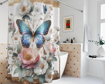 Butterfly Floral Shower Curtain: Pastel Colors, Waterproof Polyester