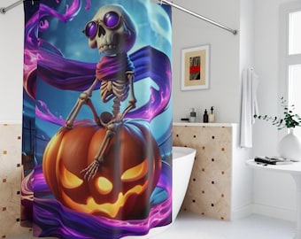Halloween Shower Curtain: Skeleton & Pumpkin Print, Waterproof Polyester