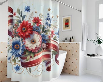 Floral 4th of July Shower Curtain: Red, White & Blue  Decor, Linen Polyester 71'x74'