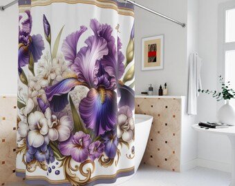 Purple Iris Floral Shower Curtain: Spring Cottagecore Linen Polyester 71'x74'