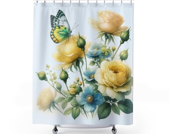 Butterfly Shower Curtain: Spring Cottagecore, Island Luxe Decor, Linen Polyester 71'x74'