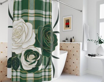 St Patricks Day Linen Shower Curtain-Green Floral/Plaid Design-Polyester 71'x74'