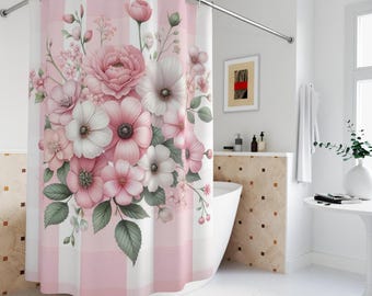Pink Gingham Floral Shower Curtain:Valentine Decor, Waterproof Polyester Fabric,71'x74'