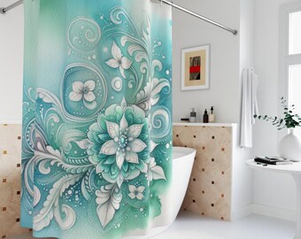 BOHo Floral Shower Curtain: Green & Blue Polyester Fabric, (74" L x 71" W )
