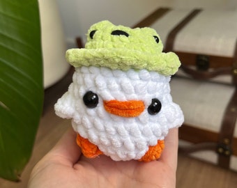 White duck with frog hat crochet Plushie stuffed animal