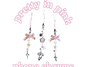 Pink Coquette Phone Charm Set, Beaded Y2K Cellphone Accessory