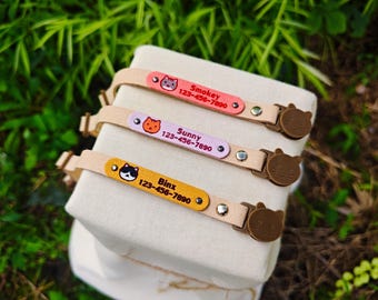 Personalized Leather Cat Collar with Colorful Hand-Painted Cat Face – Adjustable Breakaway, Custom Name & Number