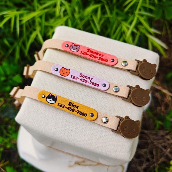 Personalized Leather Cat Collar with Colorful Hand-Painted Cat Face – Adjustable Breakaway, Custom Name & Number