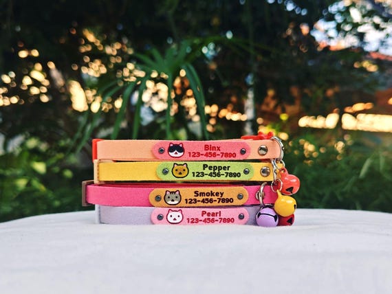 Personalized Leather Cat Collar : Colorful Edition / Hand-Painted Cat Face โ Adjustable Breakaway, Custom Name & Number