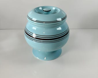 Laurie Gates Casual Blues Cookie Jar Aqua Turquoise Striped Canister Brown Bands Ceramic Storage 7.75" Retro Kitchen 1990s 2000s