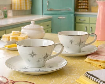 Vintage 1950s Noritake Atomic Starburst Preston Pattern Teacup Saucer Set Tea Lover Gift Retro Coffee Cup Bone China Japan Mid Century