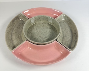 Bandeja vintage de 5 piezas para verduras y condimentos, color rosa y gris, MCM, años 70, de cerámica, con divisiones, para fiestas, estilo retro, acabado brillante, redonda de 11,75"