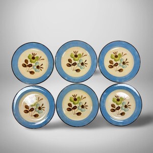 May include: Six ceramic plates with a blue rim and a cream-colored center. Each plate features a floral design with green, blue, and brown accents. The plates are arranged in two rows of three.
