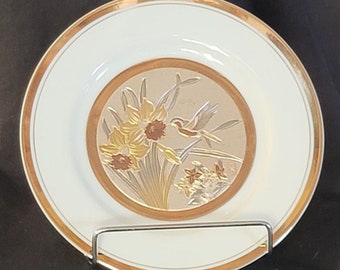 EINZIGARTIG – Vintage Chokin Art Teller – Kolibri und Blumen mit 24-karätigem Goldbesatz