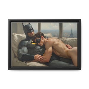 Framed Art Print: Batman and Companion, LGBTQ Decor, Cozy Wall Art, Gift for Couples, Superhero Art