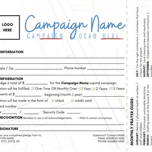 Puede incluir: Un formulario de promesa de donación para una campaña con un logotipo, un nombre y un lema. El formulario incluye secciones para la información del donante, la información de la promesa de donación, el reconocimiento del donante y la firma del donante. También incluye una guía de oración mensual con una lista de peticiones de oración para cada mes del año.