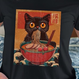 Cat Eating Ramen Noodles Unisex Tee Shirt, Funny Foodie Gift for Him Her Meme, Tshirt, Top, Apparel, Clothing, Cat Lover, Novelty