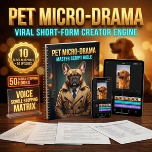 May include: A spiral-bound book titled PET MICRO-DRAMA MASTER SCRIPT BIBLE featuring a French Bulldog in a trench coat, a smartphone and tablet displaying video editing software, and printed script pages with text including 10 SERIES BLUEPRINTS.